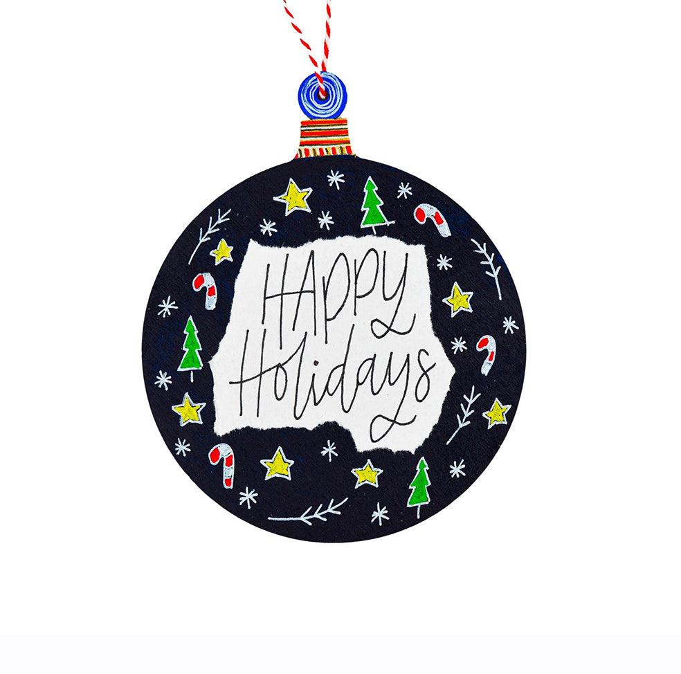 Happy Holidays Dark Blue Wooden Ornament - HeliumProject.gr