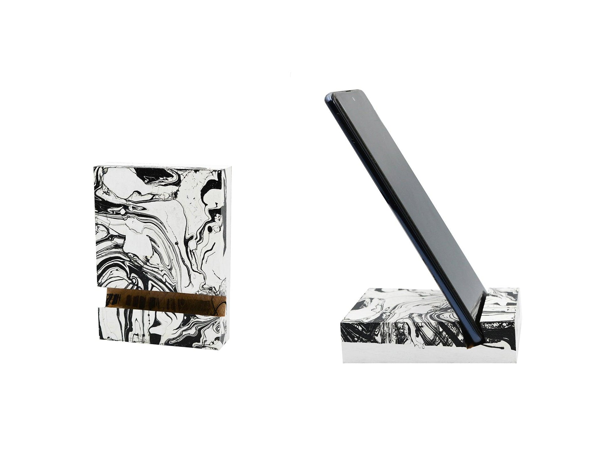 Marble Effect Black & White Wooden Phone Stand - HeliumProject.gr