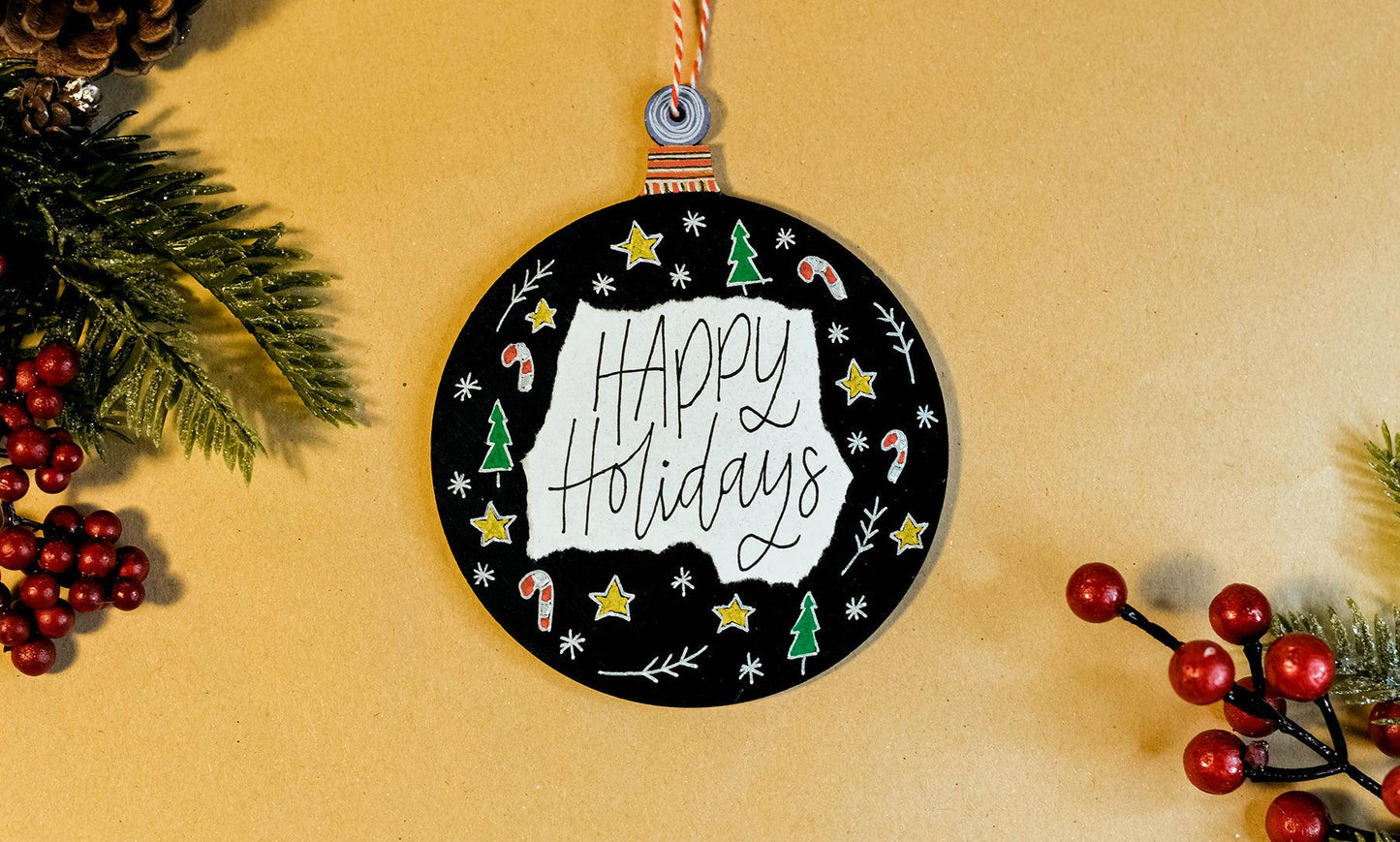 Happy Holidays Dark Blue Wooden Ornament