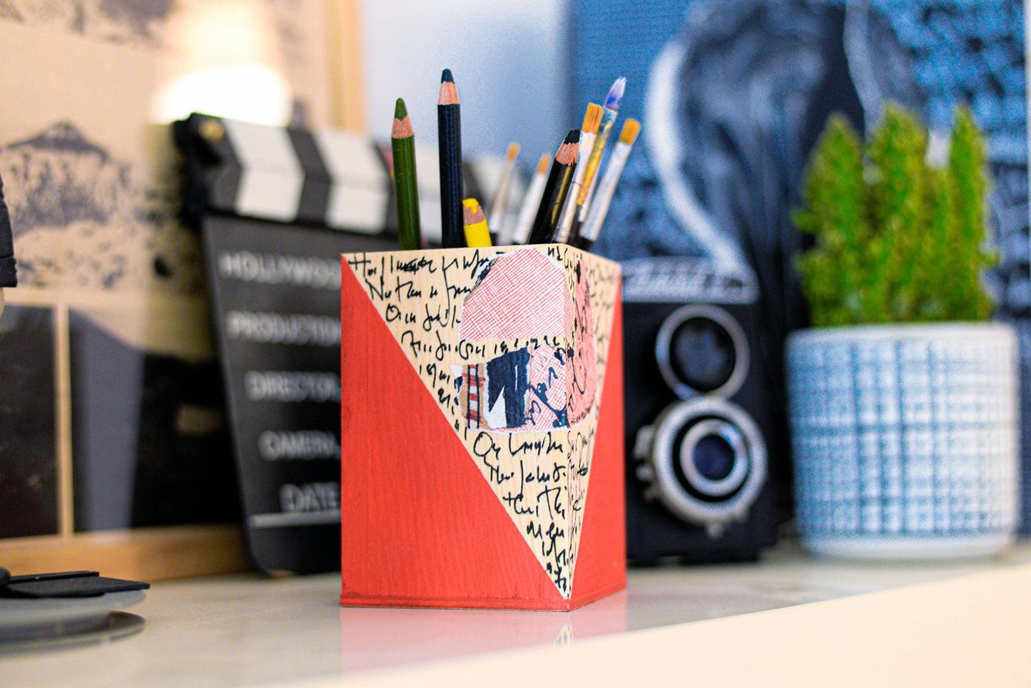 Unique Red Wooden Pencil Holder With Handwritting