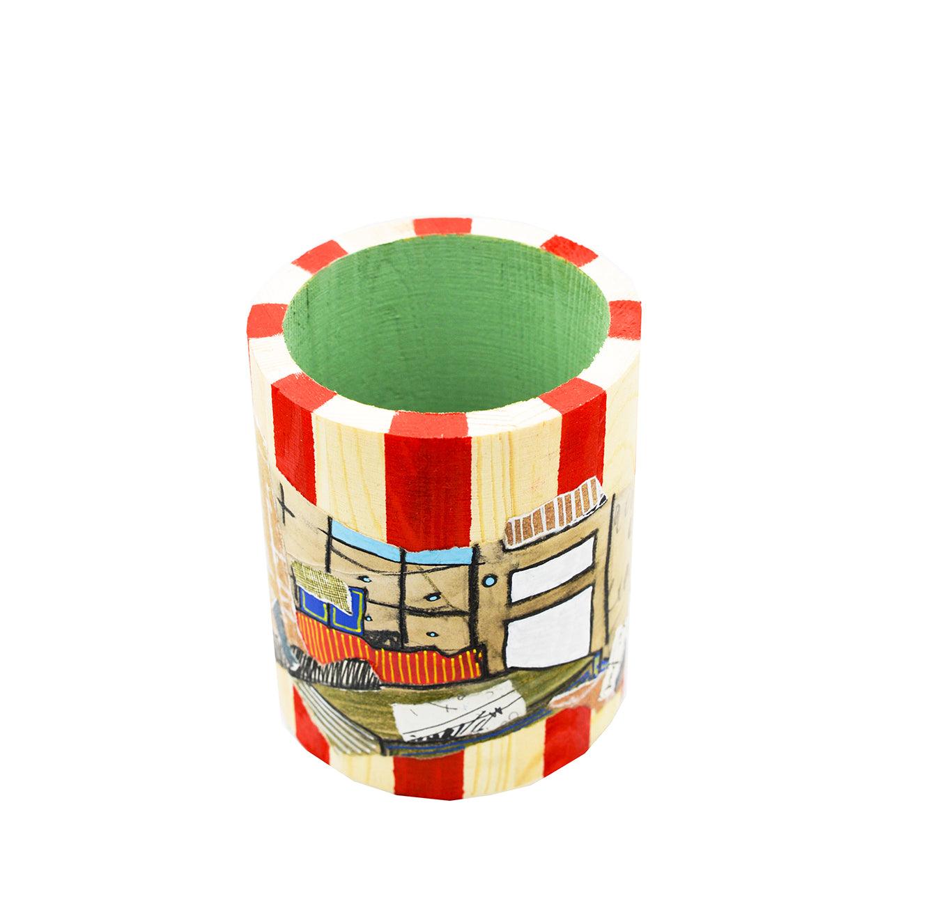Red Striped Wooden Pencil Holder - HeliumProject.gr